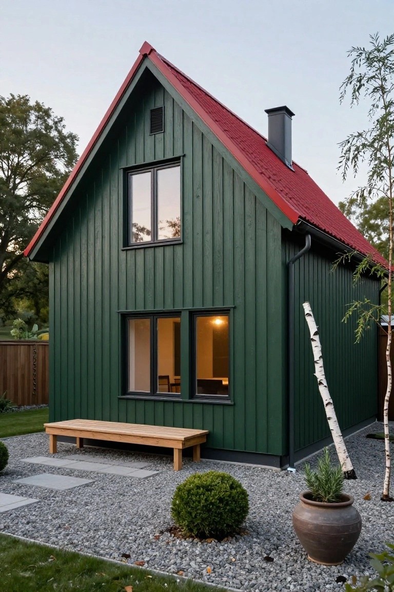 Small gabled wooden house painted dark green with red roof, black-framed windows on the side, gravel yard area with wooden bench, boxwoods, potted rosemary, birch trees, and fence in background.