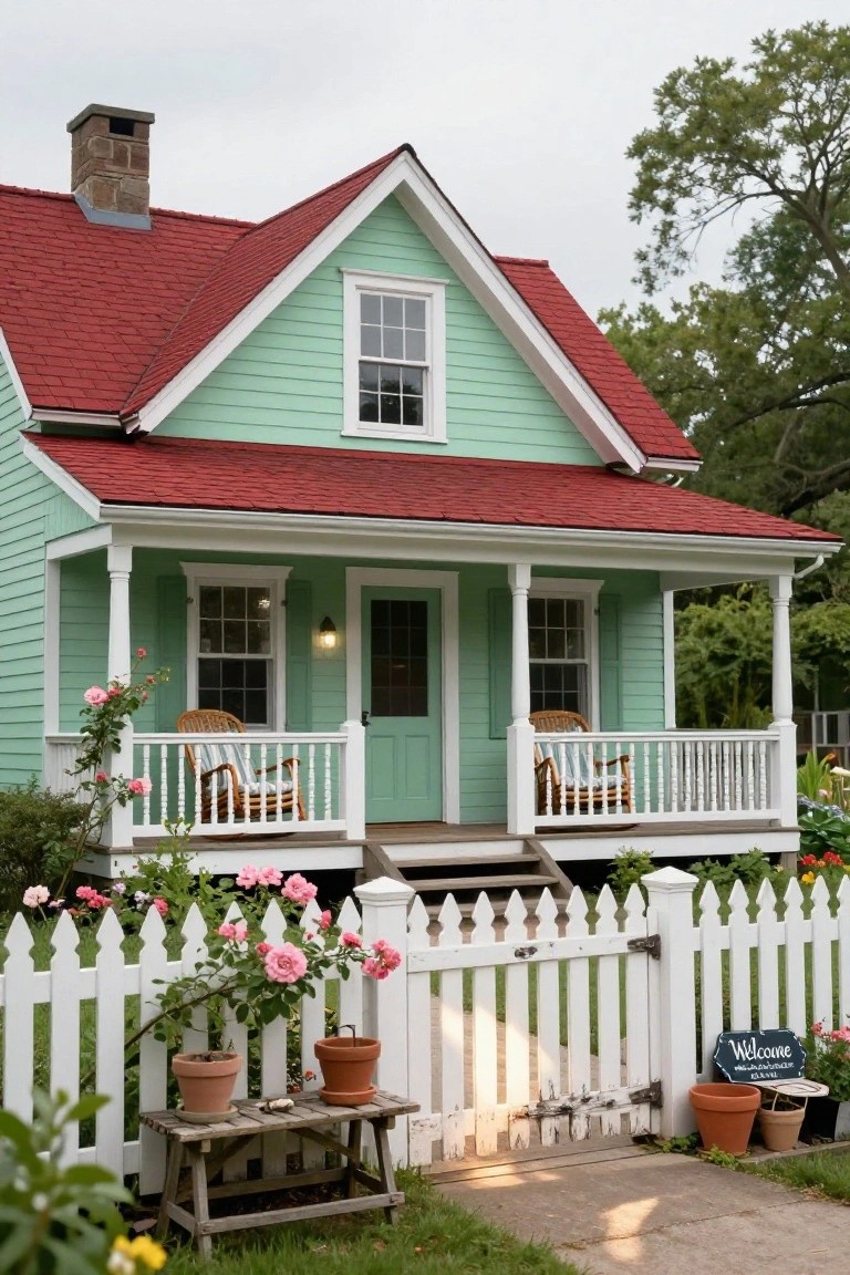 Mint green clapboard house with red gabled roof, white porch columns and railings, two wicker rocking chairs, white picket fence, rose bushes, and potted plants in the front yard.