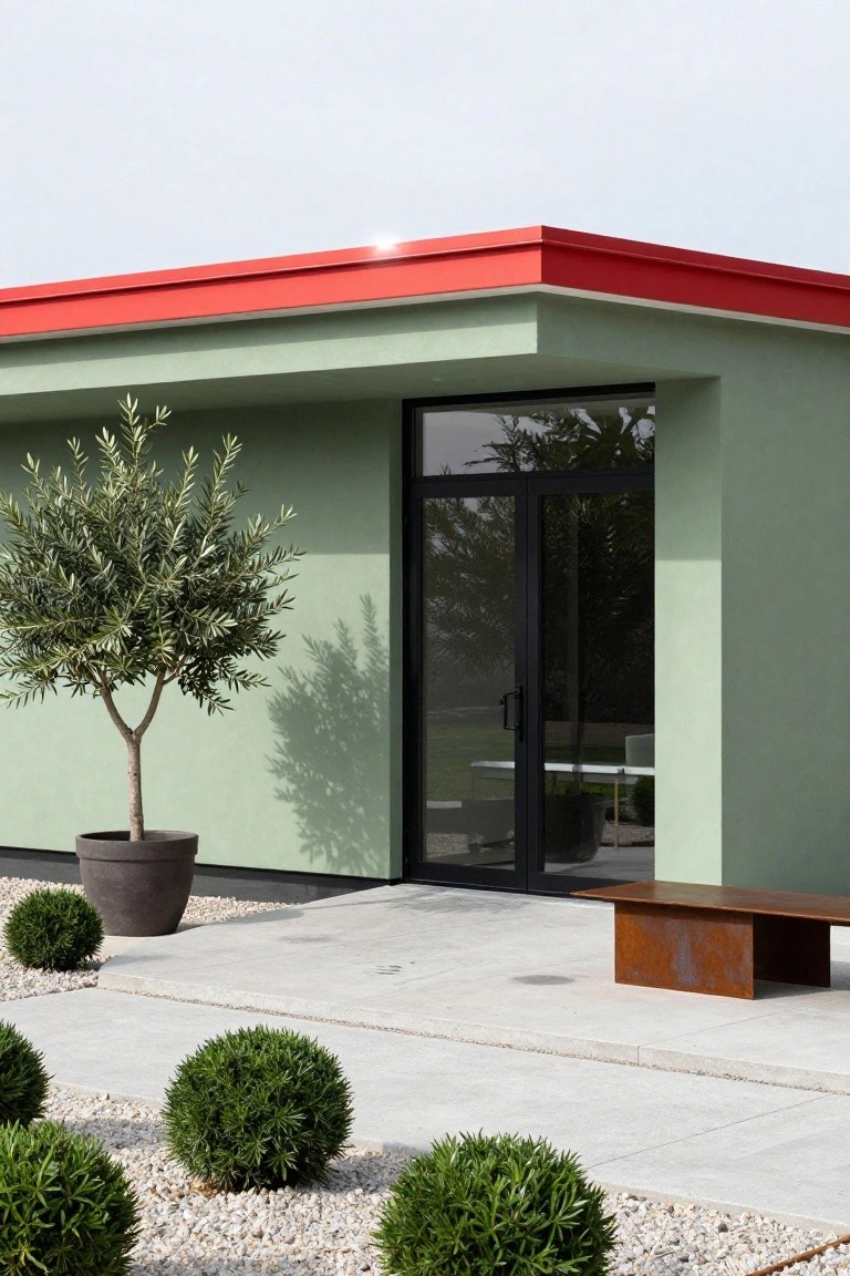 Modern house exterior with pale green walls, red roof overhang, black-framed glass double doors, potted olive tree beside the entrance, boxwood shrubs in gravel, rust-toned metal bench, and concrete paving.