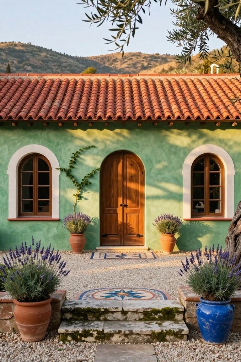 Sage green stucco house exterior with red tile roof, arched white-framed windows, wooden arched door, lavender in terracotta pots, gravel courtyard, mossy stone steps, and olive tree in Mediterranean hillside setting.