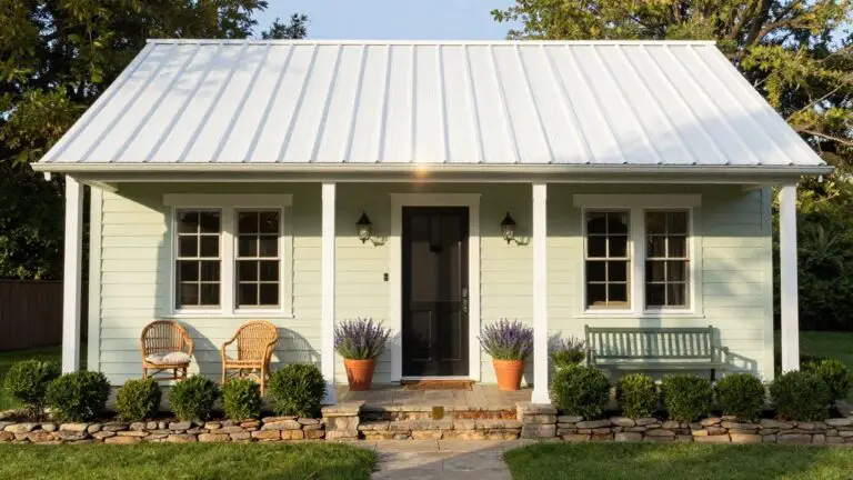 Light green clapboard house with white standing-seam metal roof, black front door flanked by windows, two wicker chairs with lavender pots on porch, stone steps and low plantings in front.