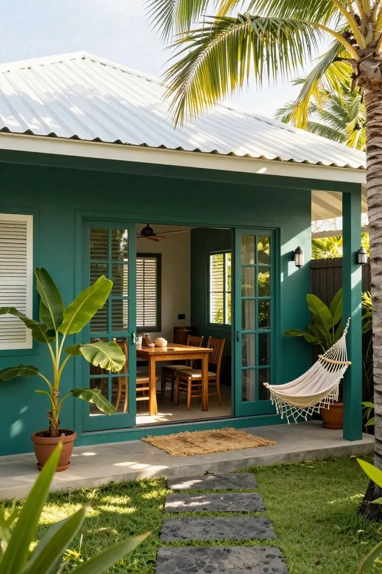 Teal green bungalow with white corrugated metal roof, louvered shutters on windows and French doors open to wooden dining table inside, potted banana plants, white hammock hanging on porch, stone path through grass to palm trees.