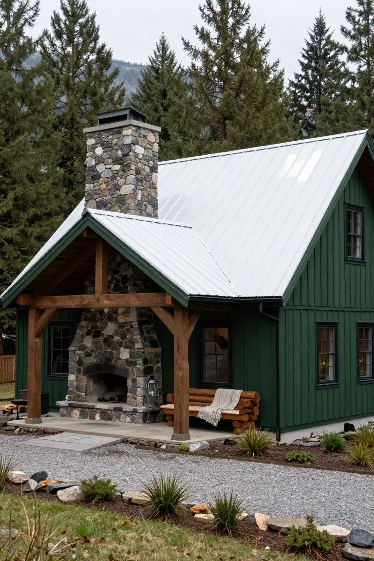Dark green gabled cabin with white metal roof, tall stone chimney, covered porch with outdoor stone fireplace and log bench, surrounded by pine trees, gravel path, and low plantings.