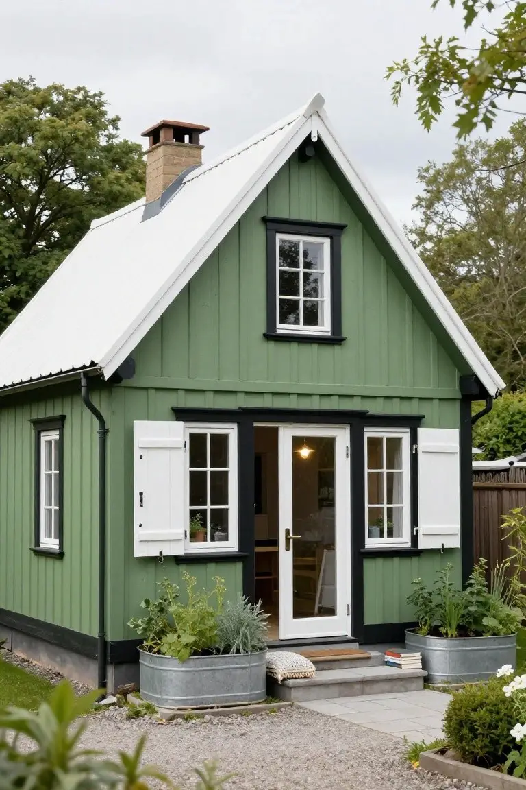 Small green wooden house with white metal gabled roof, black-trimmed windows and door, white shutters, chimney, downspout, steps to open glass door, and plants in galvanized tubs flanking the entrance.