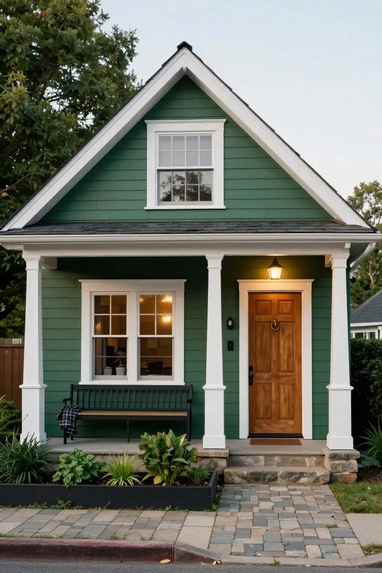 Small gabled green house with white trim and roof, wooden front door, lit porch with columns and bench, plants in front, and stone pathway leading to the curb.