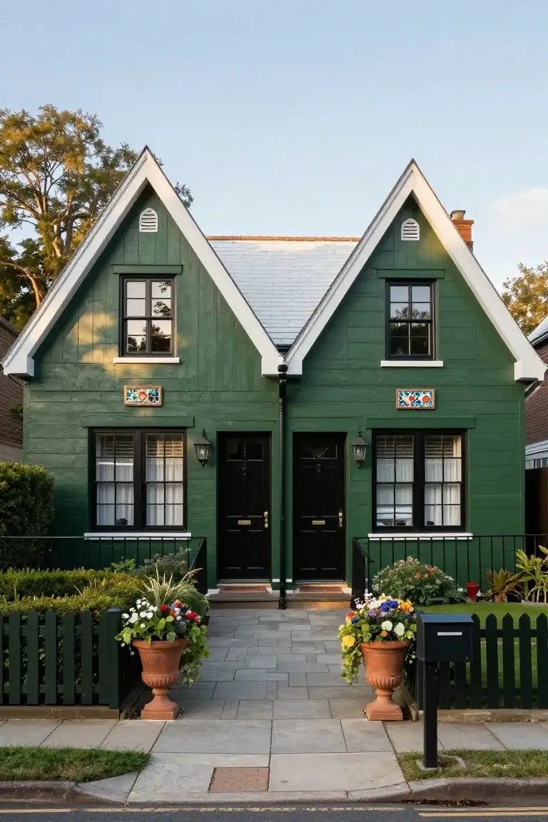 Small two-unit green clapboard house with white gabled roofs and trim, black front doors, potted flowers flanking a stone path, and a black mailbox beside a picket fence.