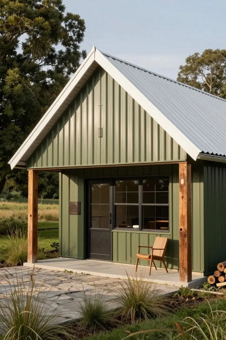 Small gabled shed with vertical green corrugated metal siding, white metal roof, wooden porch posts supporting a covered entry with black door and multi-pane windows, a wooden chair on concrete patio, firewood stack, and grasses nearby.