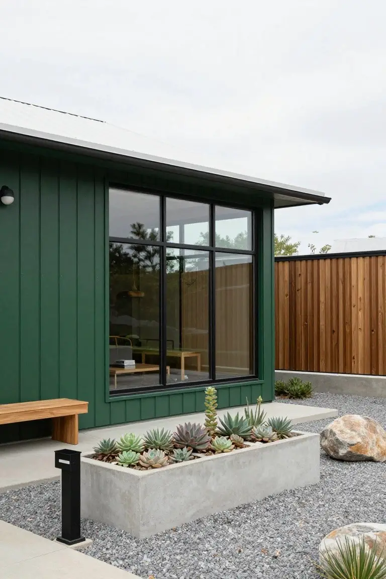 Side exterior of a house featuring dark green vertical board siding, large black-framed window wall, white metal roof, wooden bench, concrete planter box filled with succulents, gravel ground cover, boulders, and adjacent wooden fence.