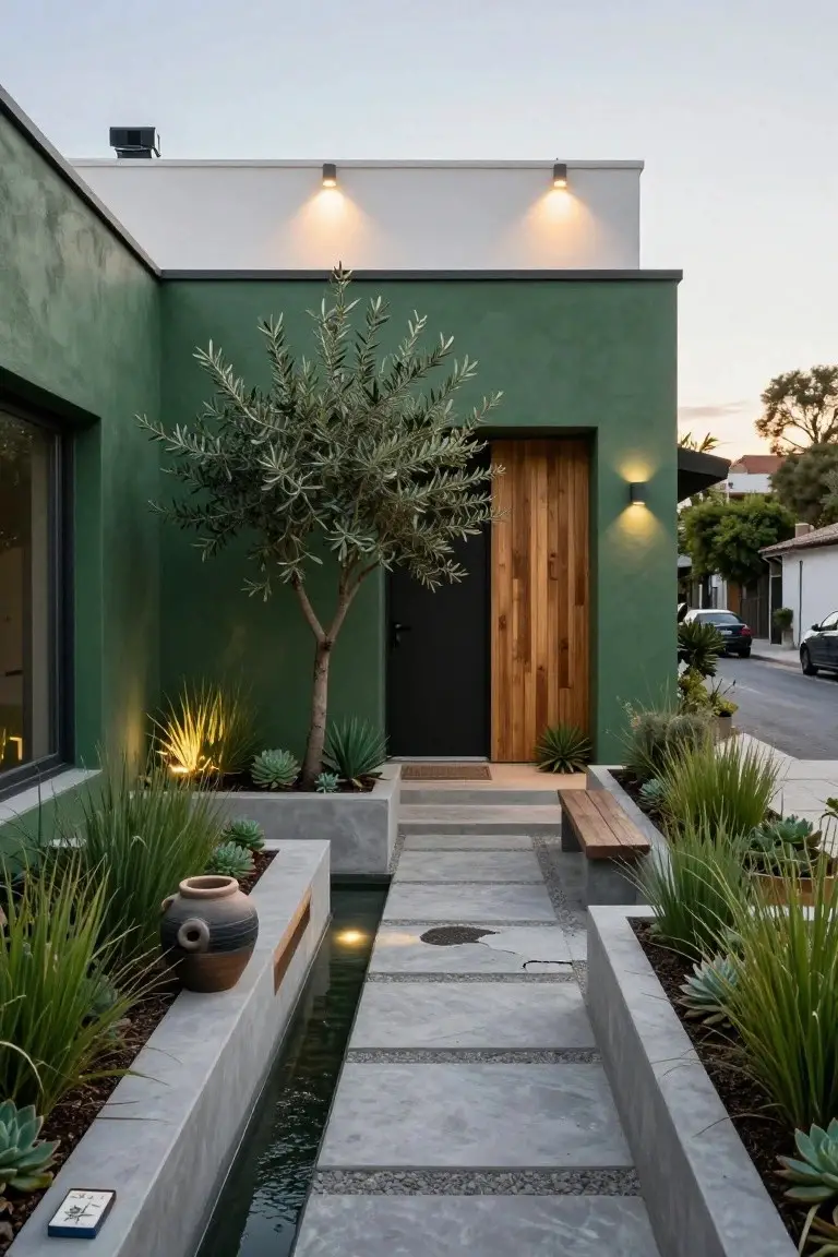 Exterior of a modern house featuring green stucco walls, white upper section and roofline, vertical wooden door, olive tree, raised planters with succulents, and a concrete pathway with linear water channel leading to the entrance.
