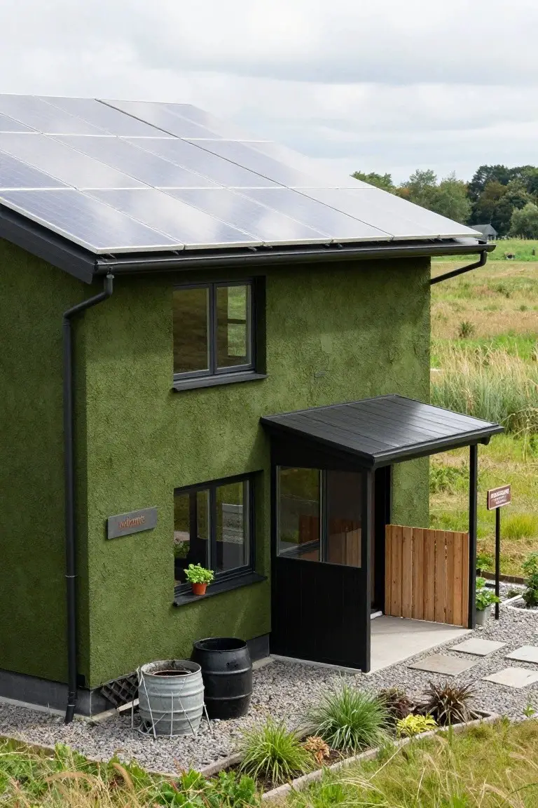 A small single-story house with textured green plaster walls, black-framed windows and door, solar panels on the sloped roof, a covered black entry porch, gravel path, potted plants, and surrounding grass and wildflowers.
