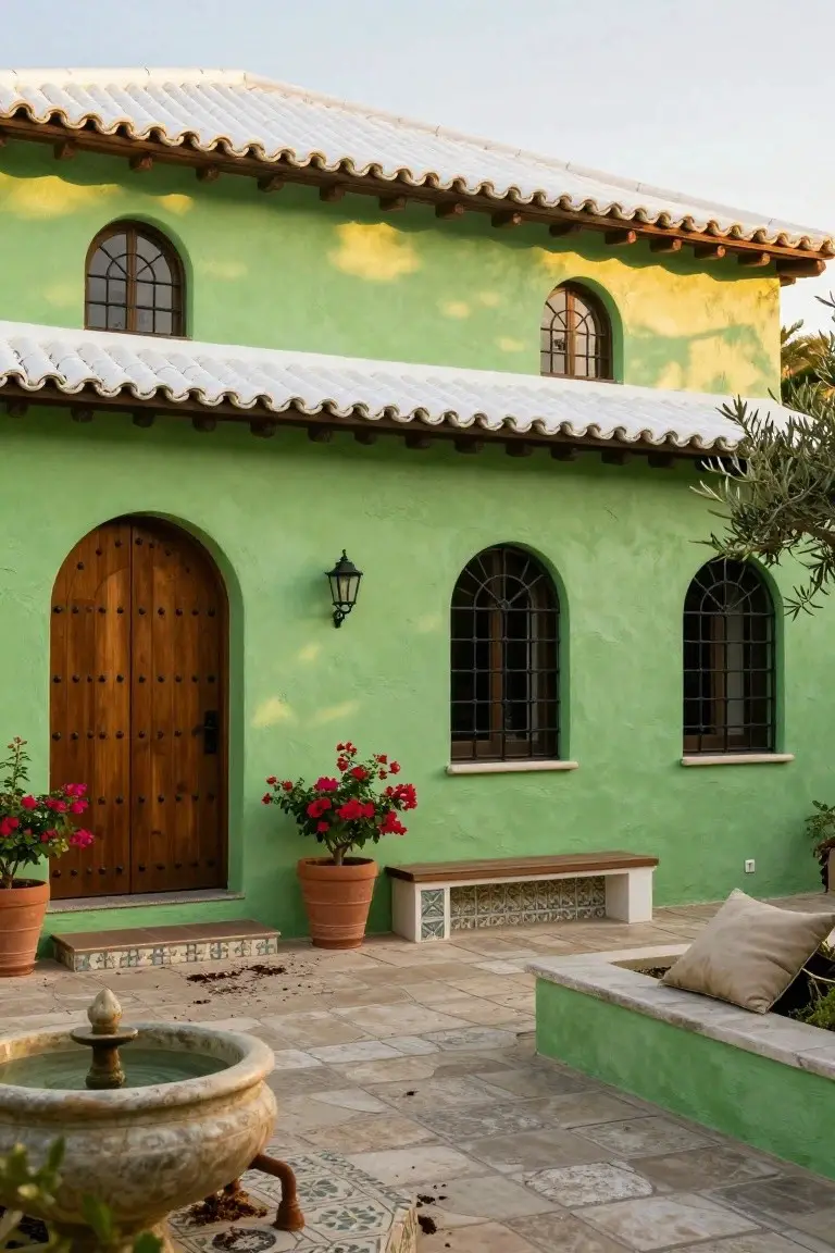 Mint green stucco house exterior with white barrel tile roof, arched wooden door, arched windows with wrought iron grilles, wall lantern, potted red flowers, tiled bench, and stone fountain on patio.