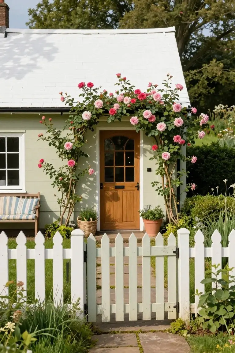 Pale green cottage house with white roof and pink climbing roses forming an arch over a wooden front door, white picket fence, garden path, and surrounding plants.