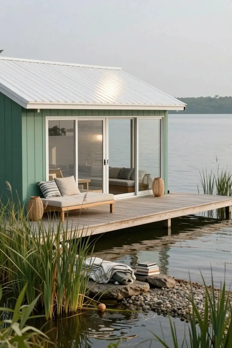 Small mint green wooden house with white metal roof on a wooden dock over a lake, with a cushioned daybed on the deck, cushions, basket, and books nearby, surrounded by reeds, rocks, and calm water.