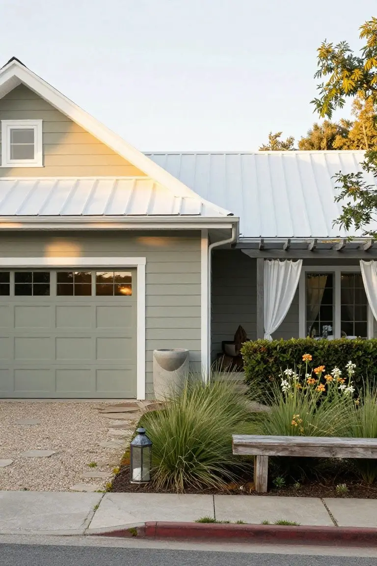 Side exterior of a sage green house with white standing-seam metal roof, green garage door, concrete planter, ornamental grasses, wooden bench, gravel path, and curb-side street.