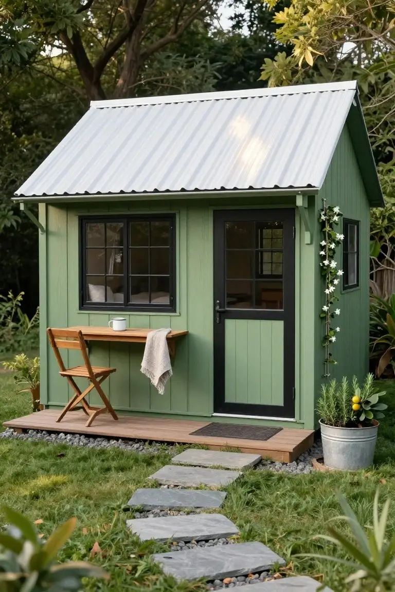 Small green wooden shed with white corrugated metal roof, black door and window, fold-down wooden table on side deck with chair, climbing white flowers on wall, potted plants nearby, stone path and grass in garden setting.
