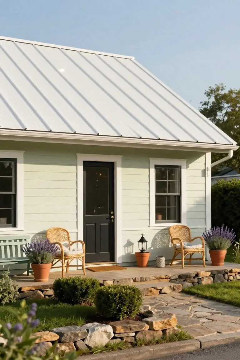 Light green clapboard house with white standing-seam metal roof, black front door flanked by windows, two wicker chairs with lavender pots on porch, stone steps and low plantings in front.