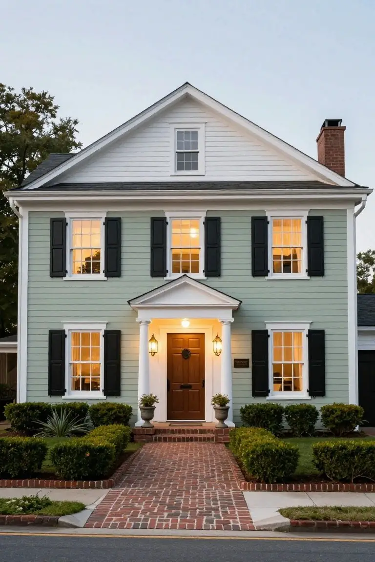 Two-story house with pale green clapboard siding, white gables and trim, black shutters, columned front porch with lanterns, brick walkway, and boxwood shrubs at dusk.
