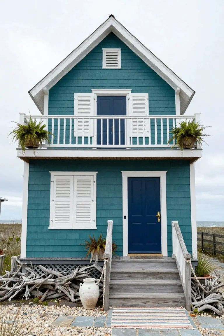 Two-story teal shingled house exterior with white roof and trim, blue front door and balcony door, white shutters, plants on balcony, steps to entrance, driftwood and pottery at base, beach sand and ocean in background.