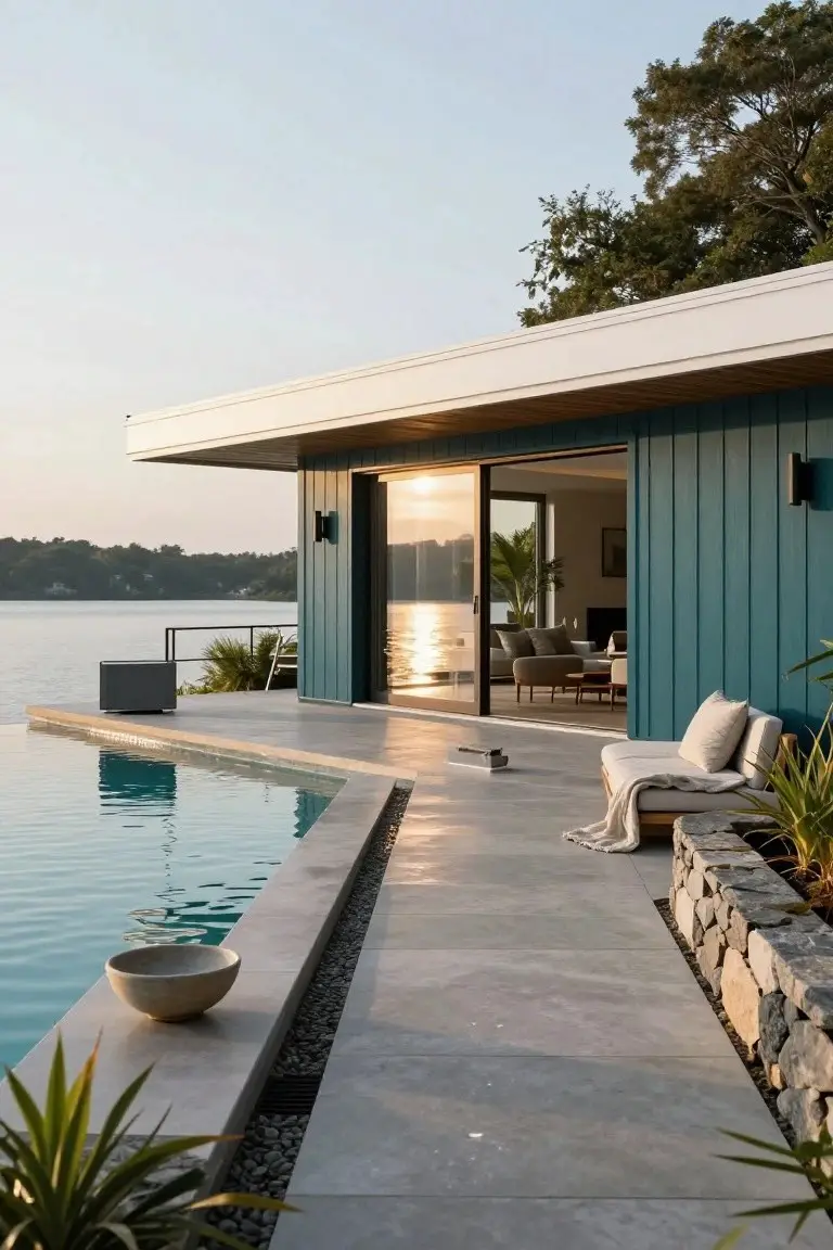 Modern house with teal vertical siding and white roof overhang, featuring large sliding glass doors open to interior, infinity-edge pool, outdoor sofa, and lake view at sunset.
