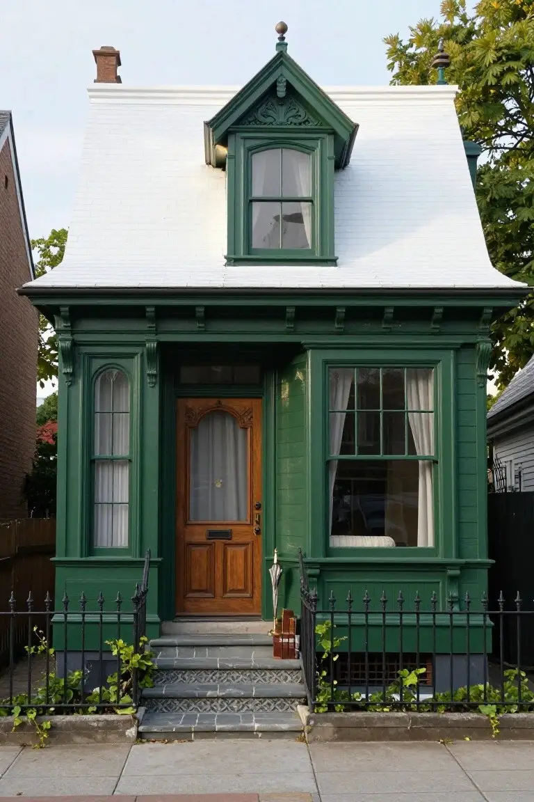 Front view of a two-story green Victorian-style house with white roof, ornate gabled dormer, arched windows, wooden front door, steps with railing, black iron fence, and ivy along the base.
