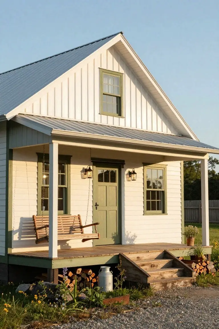 Small white board-and-batten gable house with green-trimmed door and windows, wooden porch swing, metal roof, lanterns, steps, firewood stack, plants, and gravel driveway.