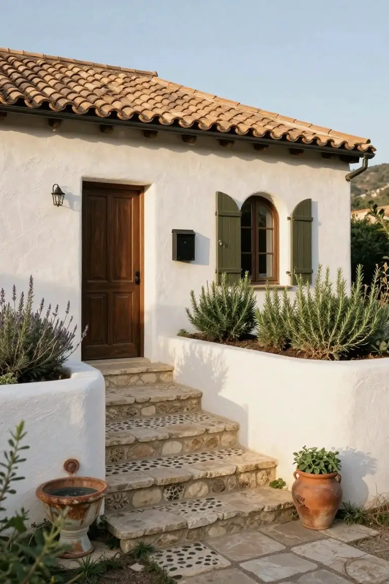 White stucco house exterior with curved terracotta tile roof, dark wooden front door, green shutters on arched window, pebble-inlaid stone steps, raised planter beds with lavender and rosemary, and terracotta pots.