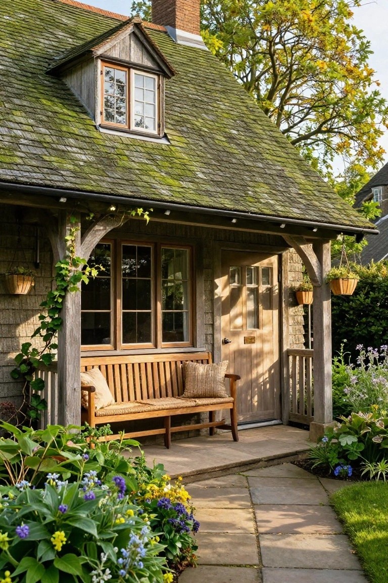 Small cottage with mossy green shingle roof, timber-framed porch featuring wooden bench and door, ivy on posts, hanging planters, and flower beds along stone path.