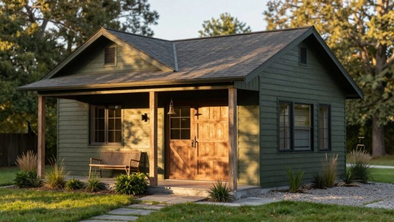 Front exterior of a two-story green clapboard house with dark shingled roof, attached garage featuring a wood-paneled door, porch supported by timber posts and a rattan chair, stone slab pathway edged by grasses and gravel, and autumn trees in the background.