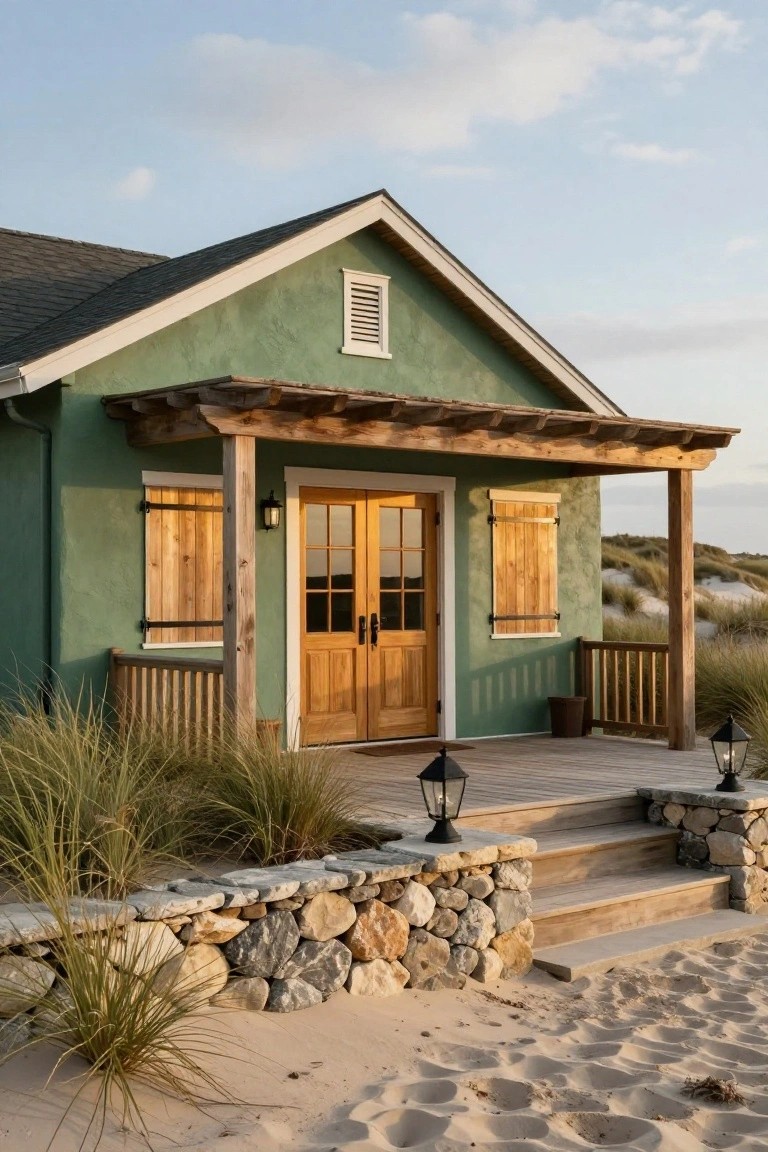 Sage green stucco beach cottage with wooden shutters, double glass-paneled front doors, covered porch supported by timber posts, stone retaining walls, and steps leading to sandy dunes with sea grass.
