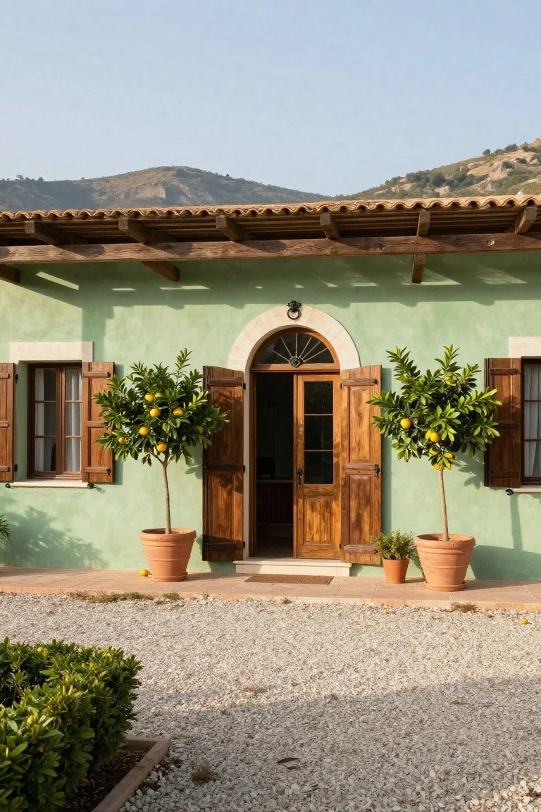 Pale green stucco house exterior featuring an open arched double wooden door flanked by two lemon trees in terracotta pots, wooden shutters on side windows, a gravel courtyard, and distant mountains under a clear sky.