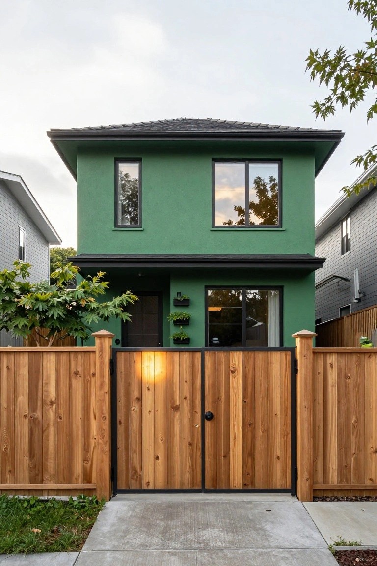 Two-story sage green stucco house with black-trimmed windows and door, cedar wood fence and double gate at entry, flanked by plants and trees.