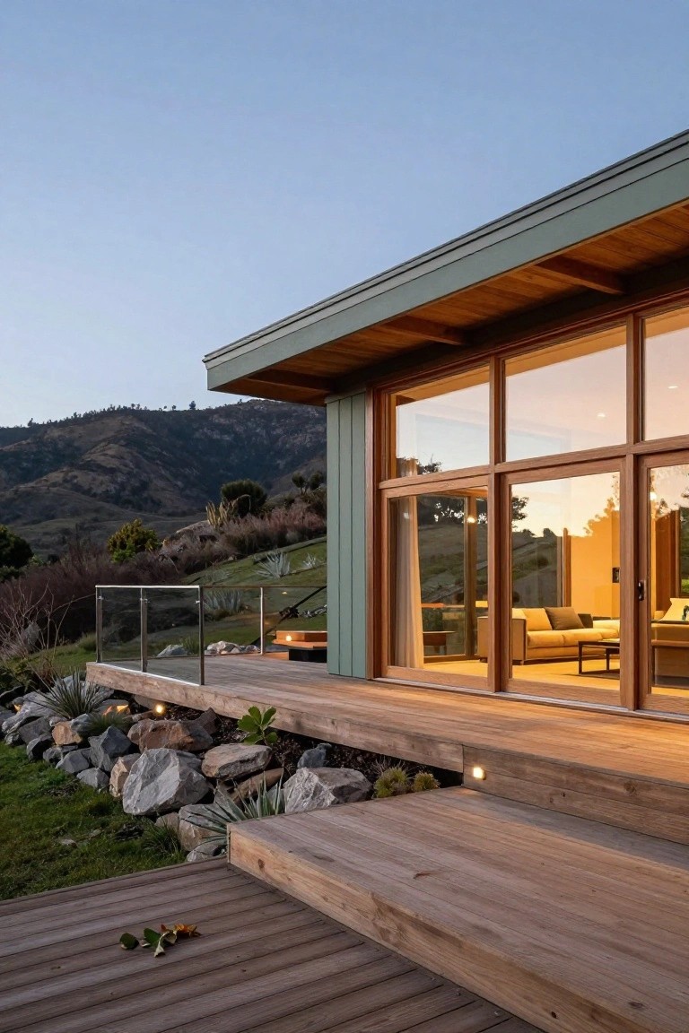 Side exterior view of a modern house with green siding, overhanging wooden roof, large wood-framed glass sliding doors opening to a wooden deck with steel-and-glass railing, steps, rocks, agave plants, and distant hills at dusk.