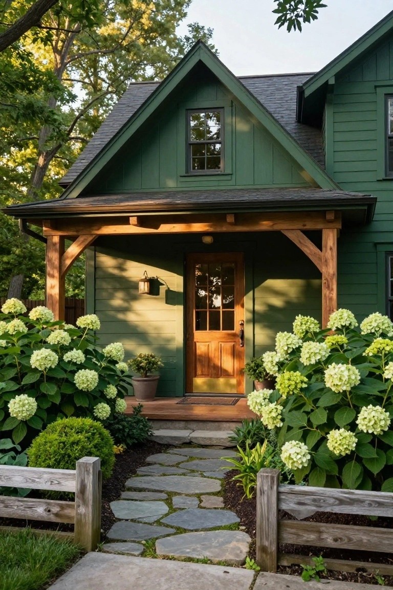 Front view of a dark green clapboard house with gabled roof, covered porch supported by exposed wooden beams, wooden front door with glass panels, white hydrangea bushes on either side, stone path, and wooden fence.