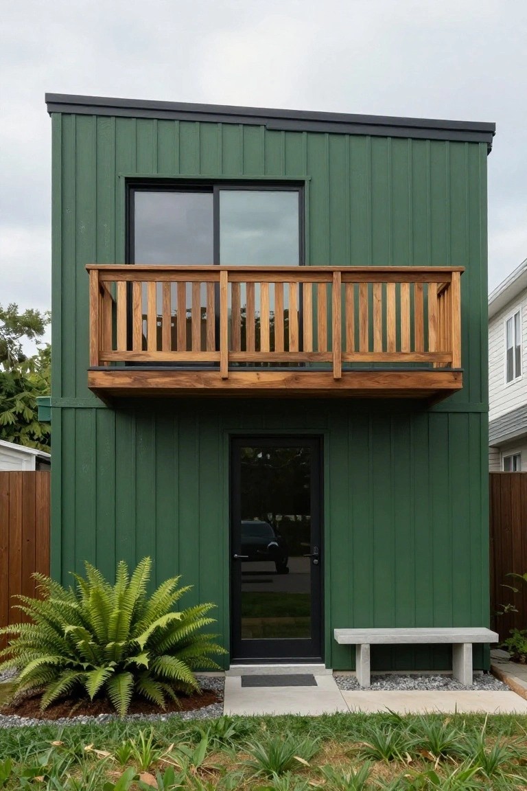 Narrow two-story green house with vertical siding, wooden balcony above black-framed glass entry door, large fern plant nearby, concrete bench, gravel bed, and grass in front.