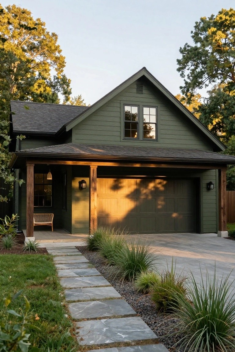 Front exterior of a two-story green clapboard house with dark shingled roof, attached garage featuring a wood-paneled door, porch supported by timber posts and a rattan chair, stone slab pathway edged by grasses and gravel, and autumn trees in the background.