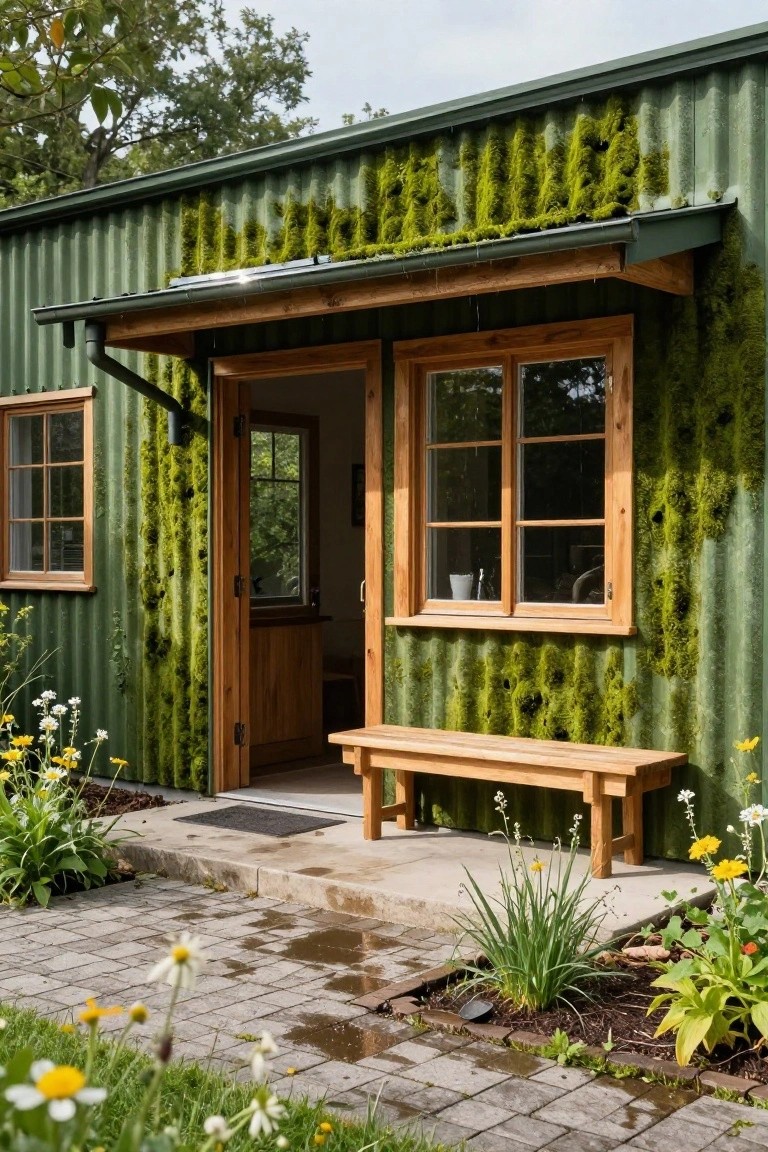 Green corrugated metal house exterior covered in moss with wooden door, window frames, bench on paved path, and surrounding flowers and plants.