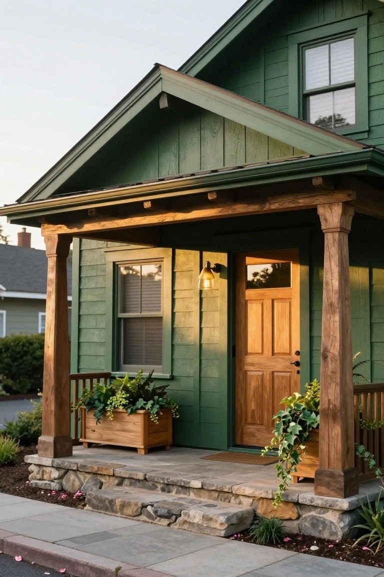 Front exterior of a green shingle-style house featuring a covered porch with large natural wood posts and railing, wooden front door, potted plants, stone steps, and adjacent landscaping.