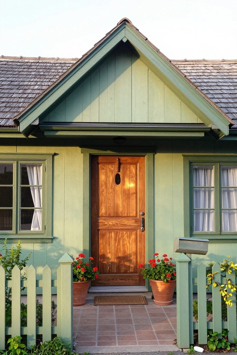 Front view of a mint green clapboard house with gabled roof, wooden front door, green-framed windows with white curtains, potted red geraniums, mailbox, and white picket fence.