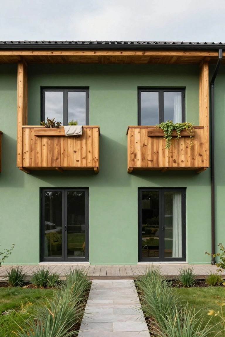 Front facade of a two-story green house featuring wooden balconies with plants on upper-level windows, black-framed glass doors below, a stone pathway, wooden decking, and grasses in the yard.