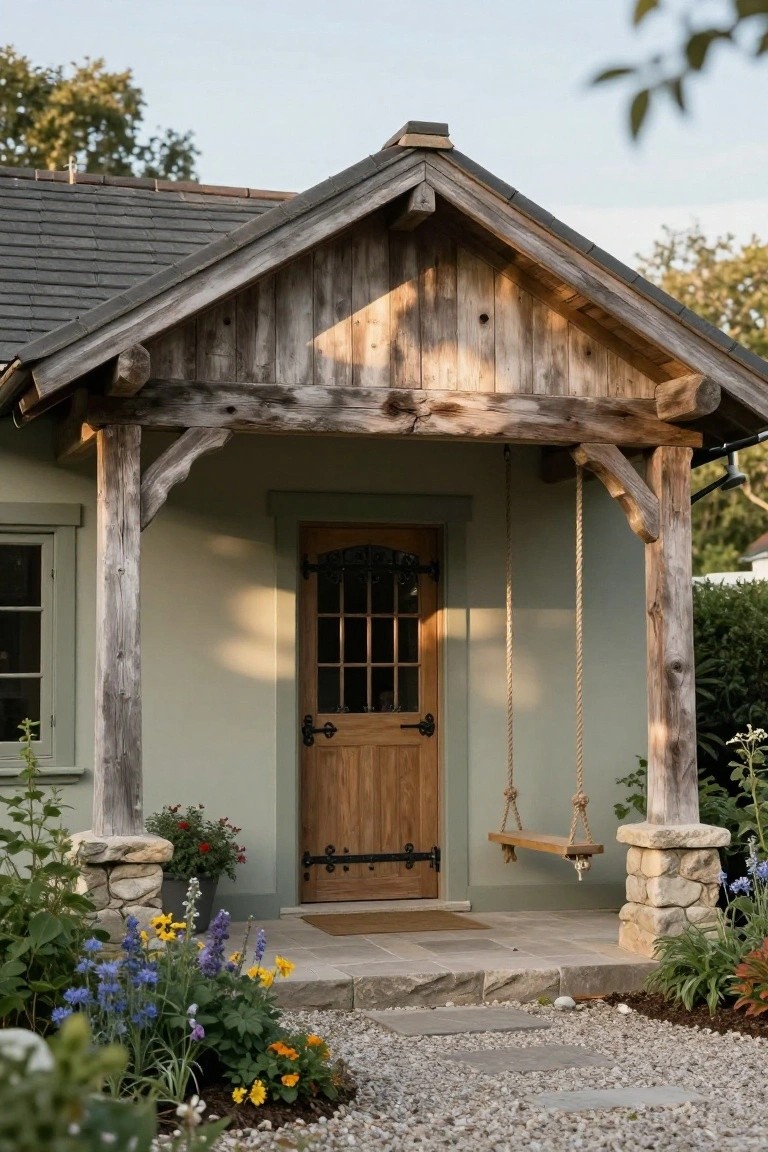 Sage green house exterior with rustic weathered wood beams forming a covered porch, wooden door with iron hardware and window insert, rope swing hanging from beams, stone pillars, flower beds, and gravel path.
