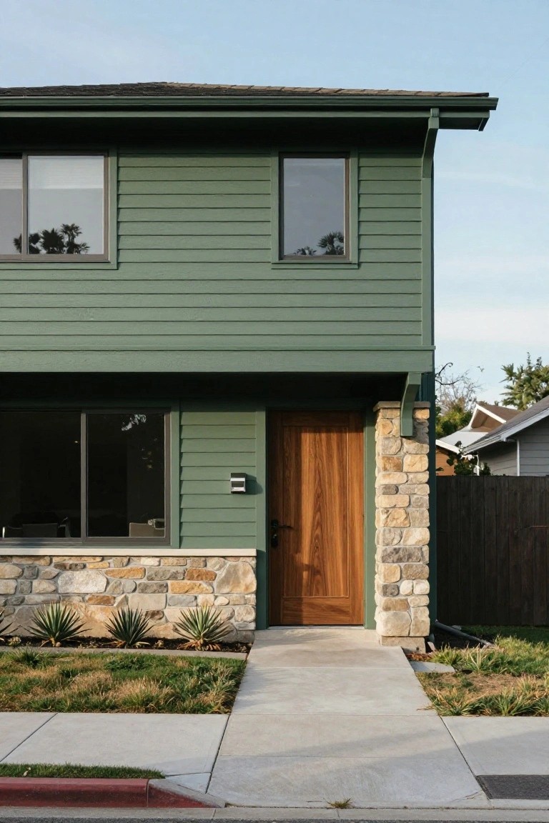 Front exterior of a green clapboard house featuring a tall wooden door next to a stone pillar, with agave plants and a concrete walkway in the yard.