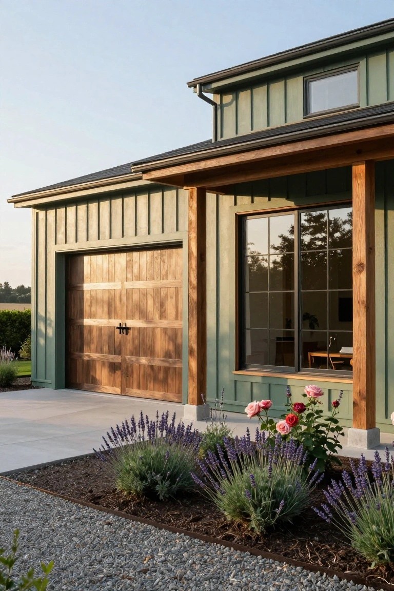 Side view of a green board-and-batten house exterior with a double wooden garage door, wooden porch supports and trim, a large grid window, and a landscaped strip of lavender bushes and rose plants along the front.