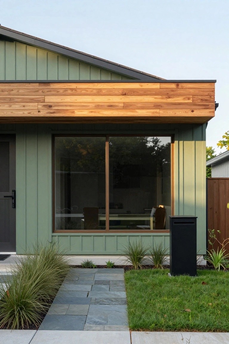 Exterior of a modern house with vertical sage green siding, a wide horizontal wood beam overhang above a large window and black front door, stone pathway, grasses, and lawn in the foreground.