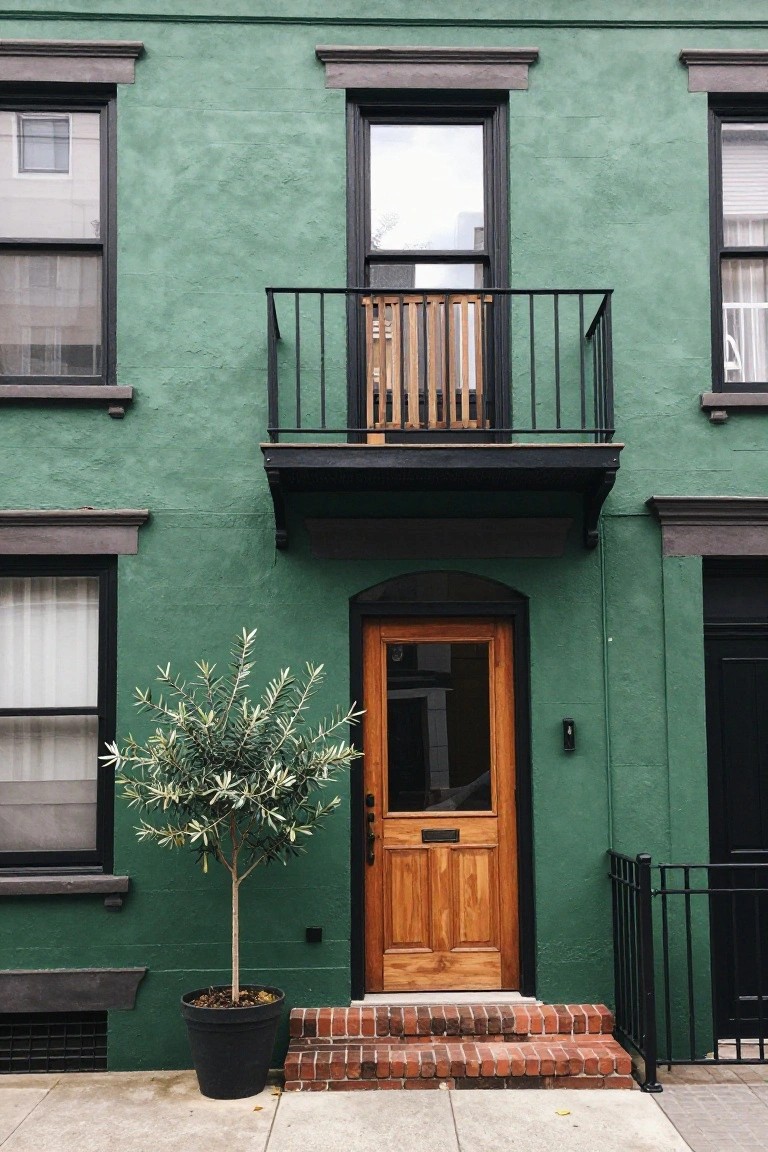 Green stucco rowhouse facade with black-framed windows, second-floor balcony with black railing, wooden arched front door with glass panel, olive tree in black pot beside brick entry steps, and black iron gate.