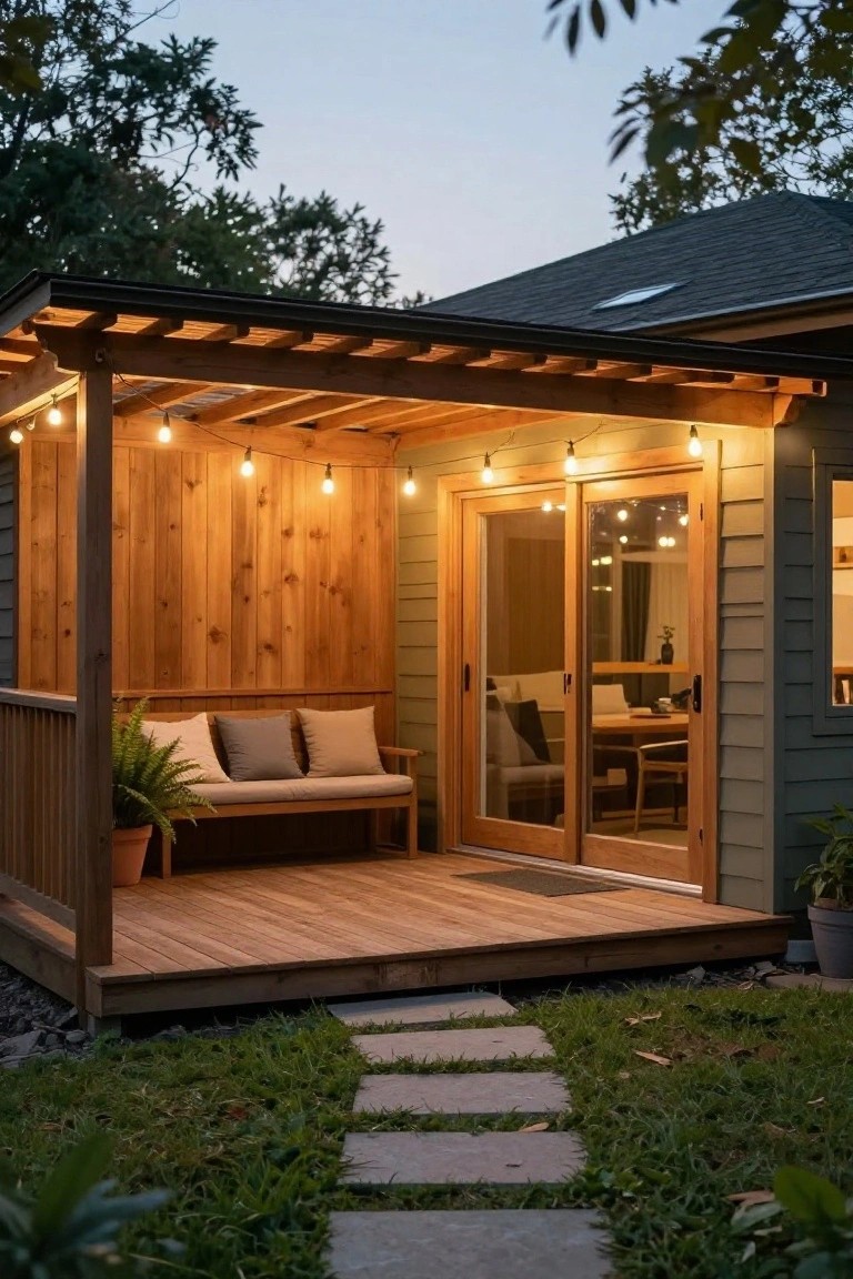 Wooden pergola with string lights over a bench on a deck attached to a house with sliding glass doors, potted fern, stone path, grass, and trees at dusk.