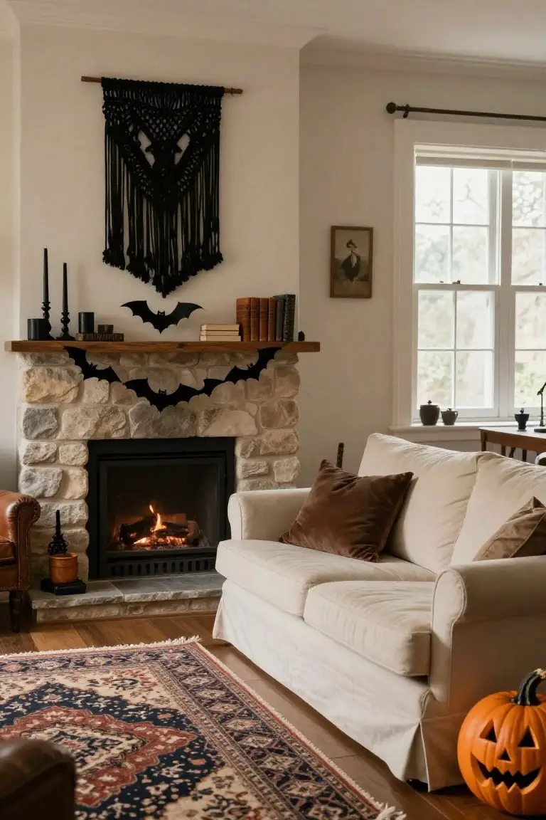 Living room corner showing a lit stone fireplace with black bat garland on the wooden mantel, black candles and books nearby, large black macrame wall hanging above, beige sofa with brown pillows, Persian rug on wood floor, and carved pumpkin in front.