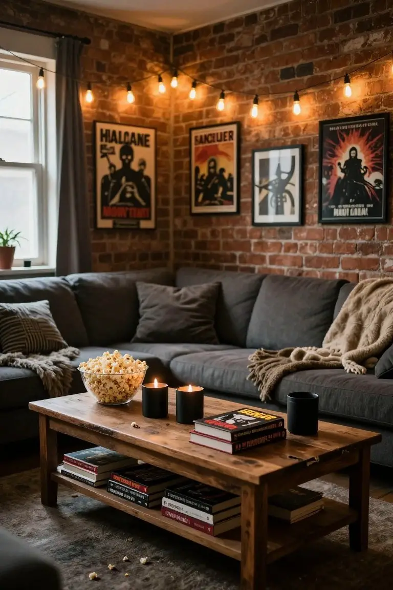 Dimly lit living room corner with exposed brick walls displaying four vintage horror movie posters, gray L-shaped sofa with pillows and throw blanket, wooden coffee table with popcorn bowl, candles, books, and mug, string lights by window.