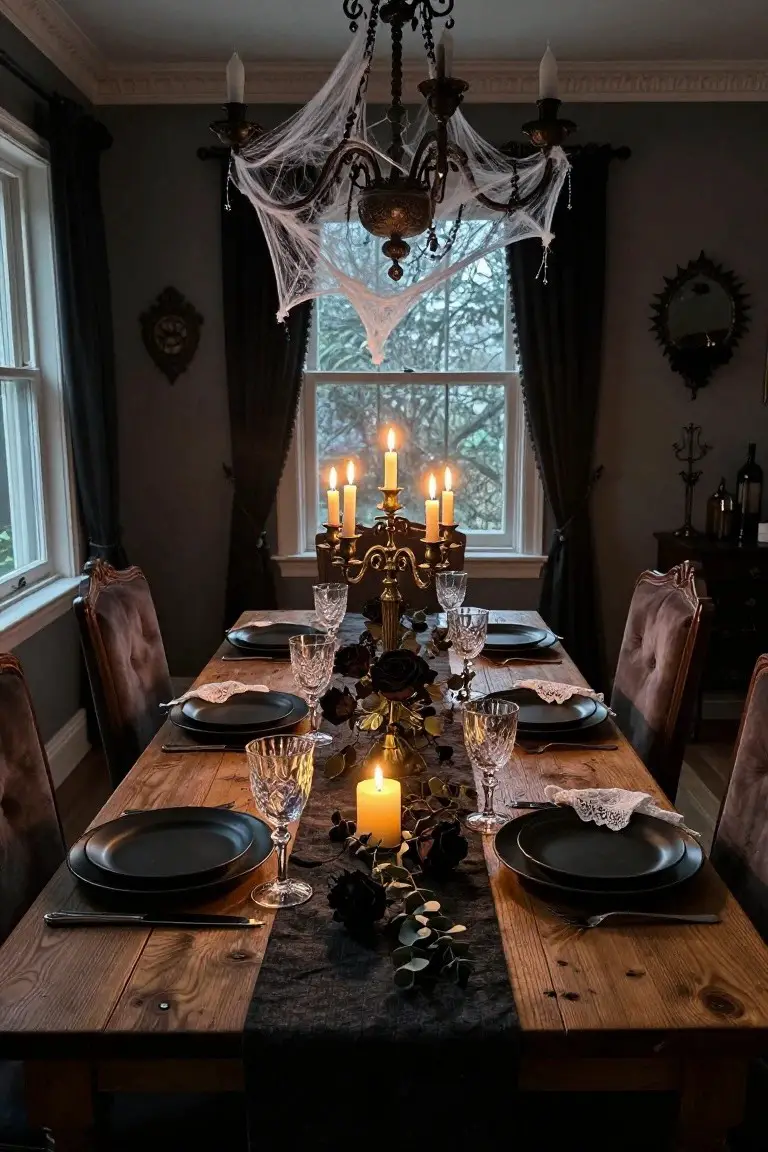 A dining room decorated for Halloween with a wooden table set with black plates, crystal glassware, multiple candelabras and candles, black roses, eucalyptus, and a chandelier covered in spider webs.