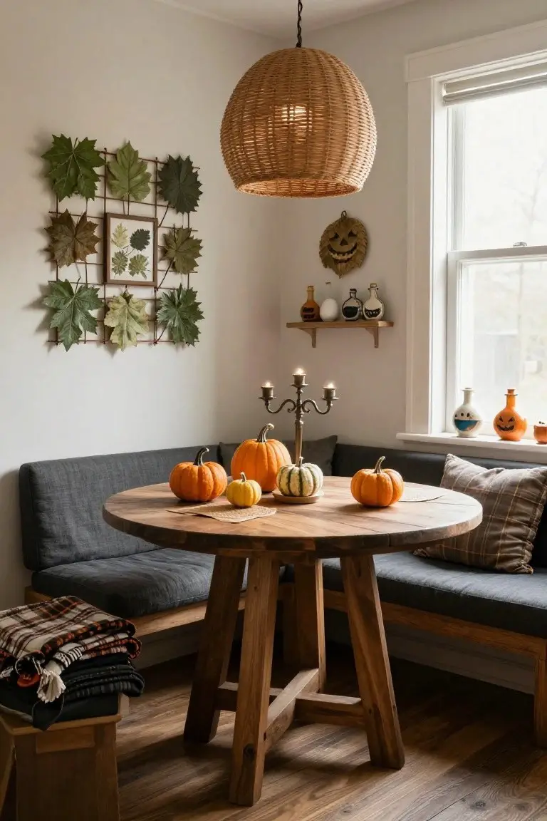 Corner dining nook with gray built-in bench seating around a round wooden table holding assorted pumpkins, fall leaf wall art, woven pendant light, candles, and Halloween decor on shelves and walls.