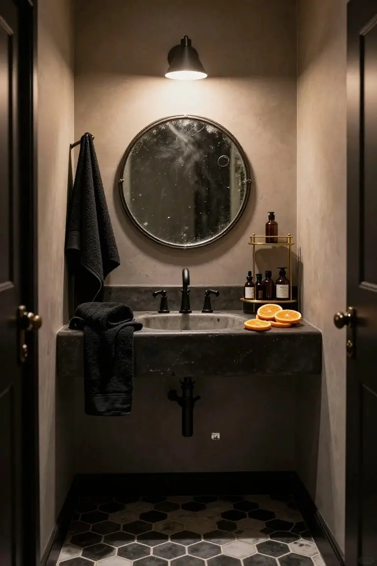 Small powder room featuring a black stone sink with black faucet, round antique mirror, black towels, gold shelf with bottles, orange slices on the counter, textured beige walls, and black and white hexagon floor tiles under warm wall lighting.